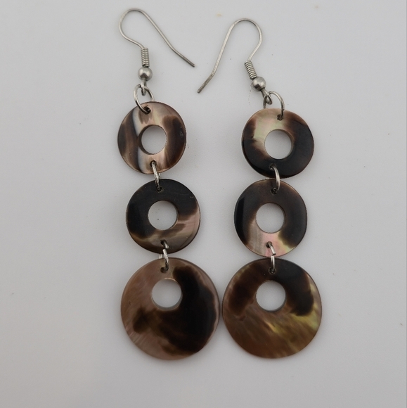 Iridescent Shell Dangle Earrings 3" Drop Triple Disc Boho Beach Jewelry Gift - Picture 2 of 10